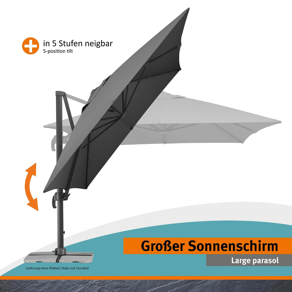 Sombrilla rectangular RHODOS GRANDE 400 x 300 cm de poliéster con estructura de aluminio, manivela y giro de 360°, color antracita