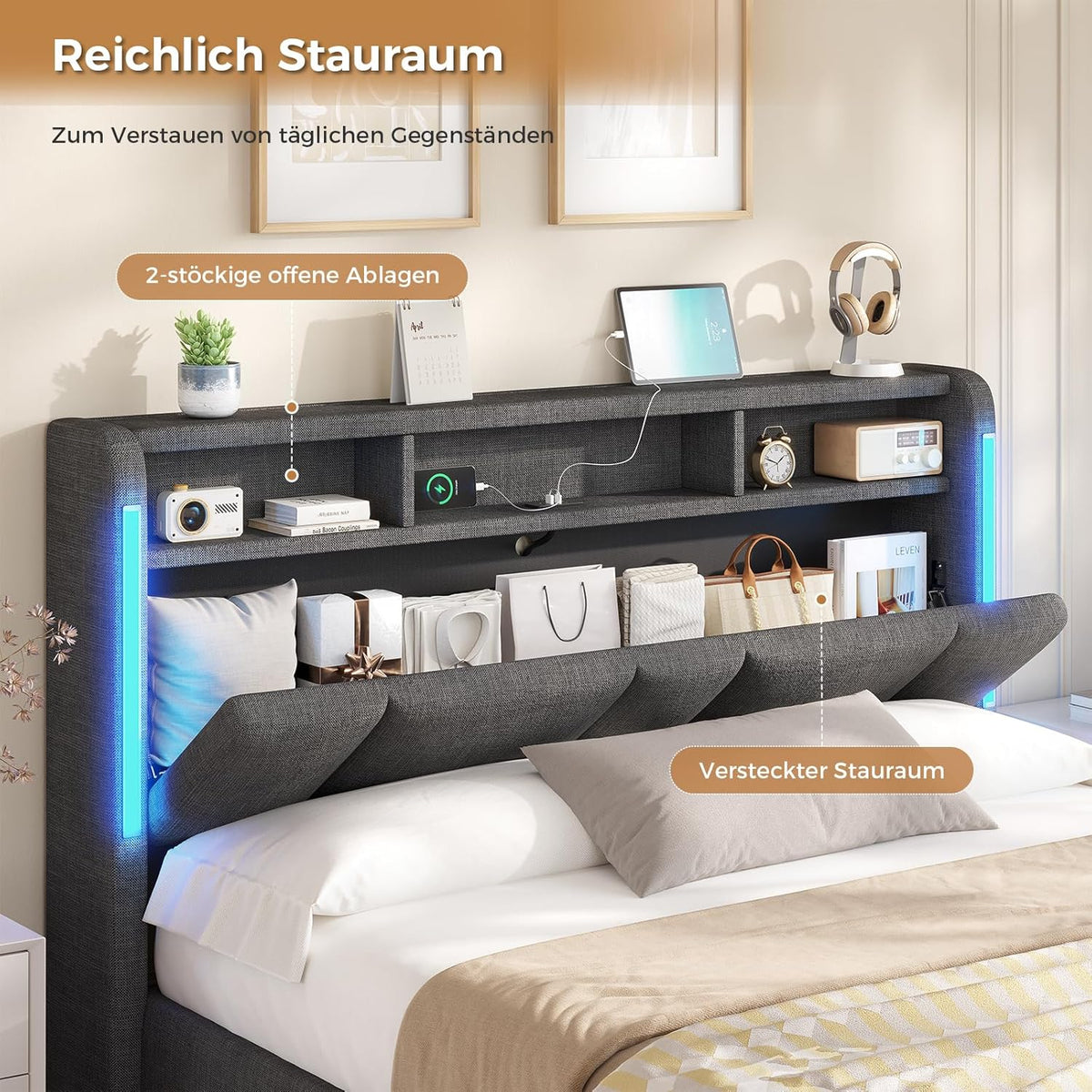 AOGLLATI Cama tapizada de matrimonio 140x200 con arcón, cama con almacenamiento hidráulico, iluminación LED y enchufes, cama 140x200 cm con cabecero con almacenaje, somier de láminas, lino, gris oscuro (sin colchón)