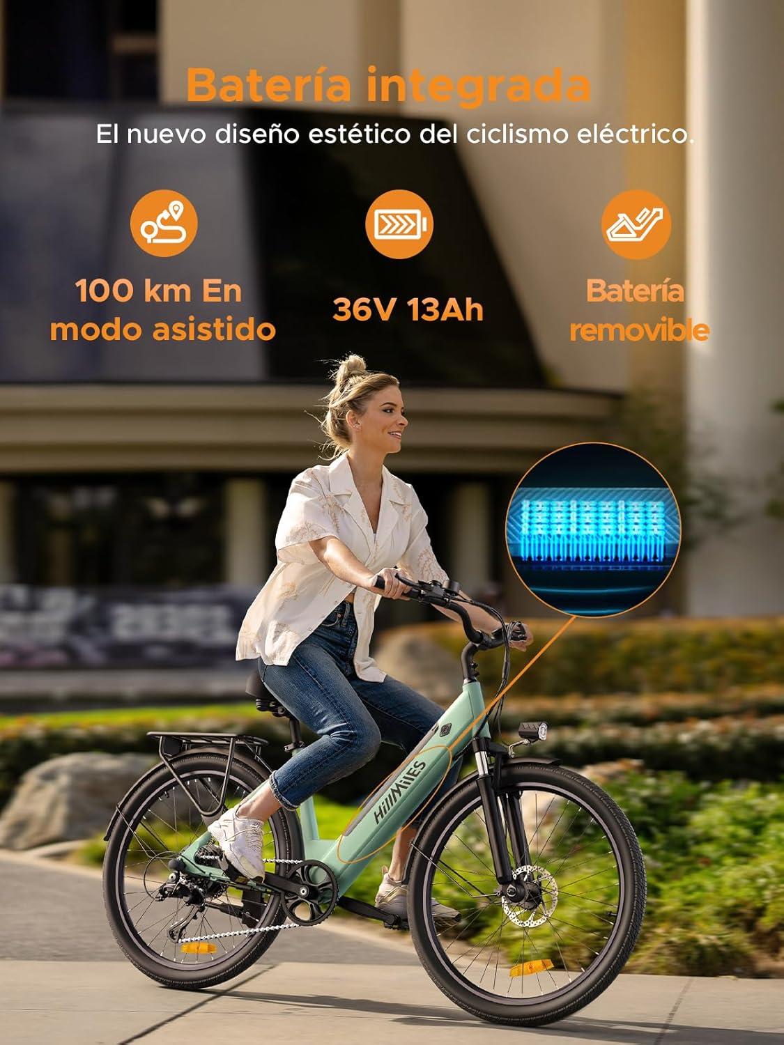 Bicicleta eléctrica MileCity1 de 26" para adultos, bicicleta eléctrica de 7 velocidades con batería intercambiable de 36V 13Ah, 25 km/h y 80-100 km de autonomía para desplazamientos urbanos, resistente al agua IP65