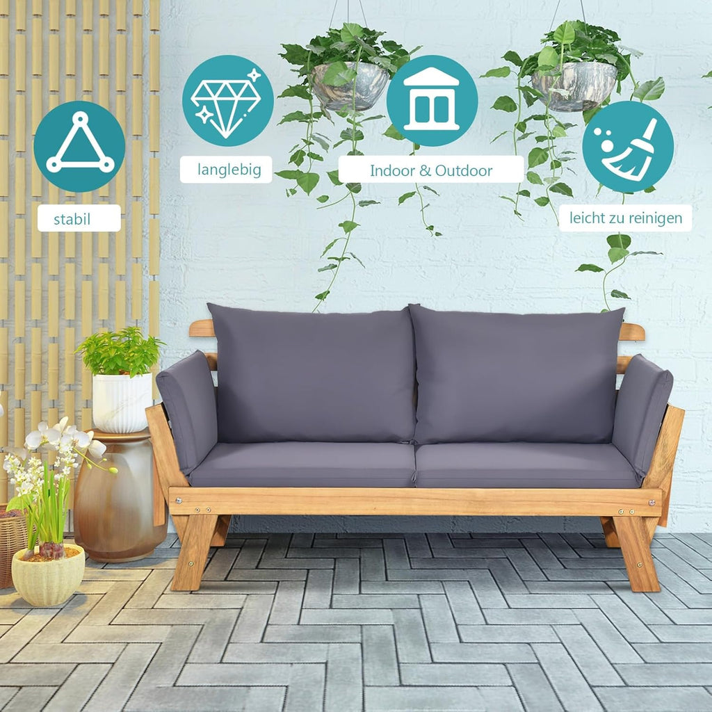 GIANTEX Banco de jardín con función de tumbona, sofá de jardín con reposabrazos plegables, banco de balcón con cojines, banco de exterior de madera de acacia, sofá lounge de 3 plazas, sofá cama para balcón, jardín y terraza | Diseño 3 en 1