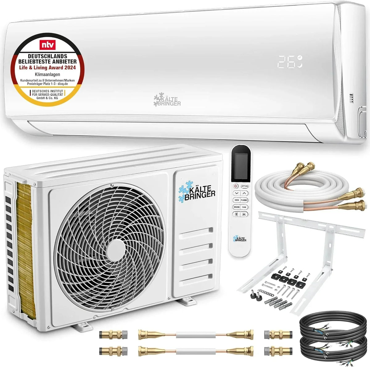 Aire acondicionado Split Kältebringer Quick Connect - 12000 BTU (3,4 kW) con función de calefacción, WiFi y App, hasta 91 m², muy silencioso - tubería de cobre de 5 m, refrigerante R32, material de montaje, soporte de pared