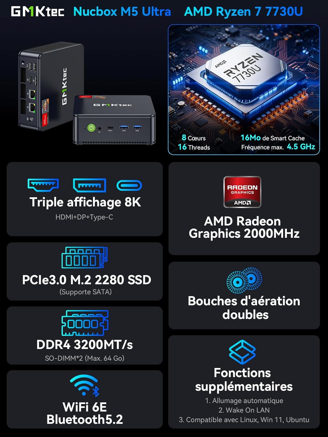 GMKtec Mini PC AMD Ryzen 7 7730U (Supera a 7430U/5825U, 8N/16H hasta 4,5 GHz) M5 Ultra Micro PC 32GB DDR4 512GB M.2 SSD, con 3 años de cobertura, WiFi6E|2 * 2.5G LAN|Triple pantalla 4K|USB C para gamers