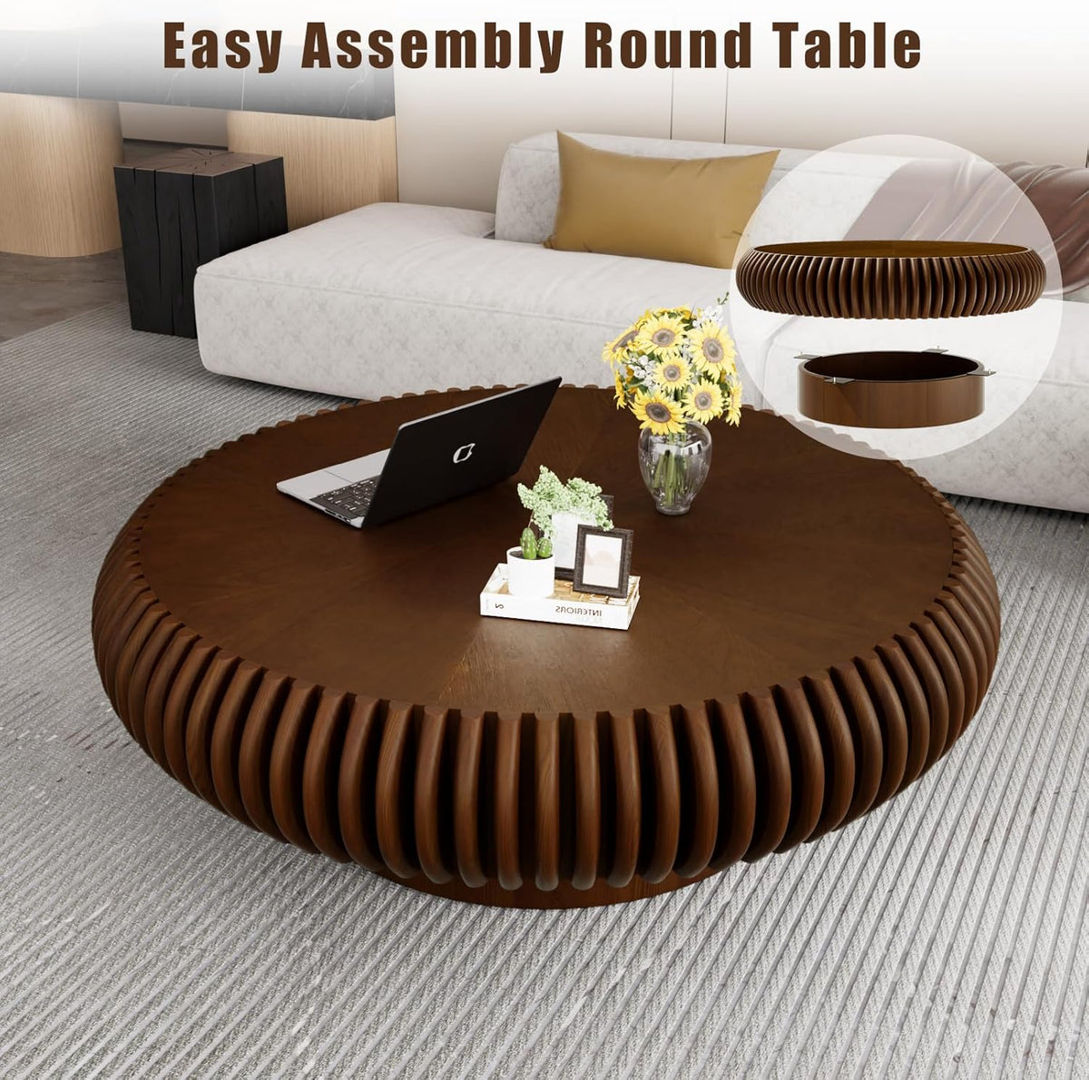 Mesa de centro redonda tipo tambor de madera, superficie acanalada, diseño de mediados de siglo, mesa de salón, estable y duradera (B madera de nogal 100 cm)