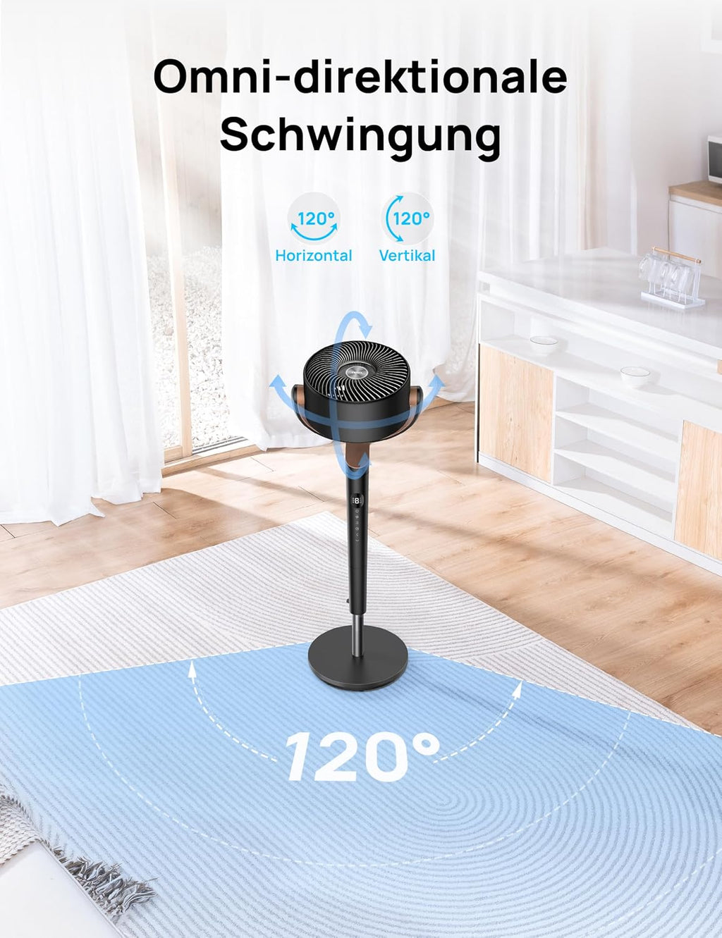 Ventilador de pie silencioso DREO de 23 dB, ventilador oscilante omnidireccional de 120°+120°, alcance de aire de 27 m, circulador de aire turbo real con un volumen de aire de 1615 m³/h, altura de 89-102 cm, 3 modos y 8 velocidades