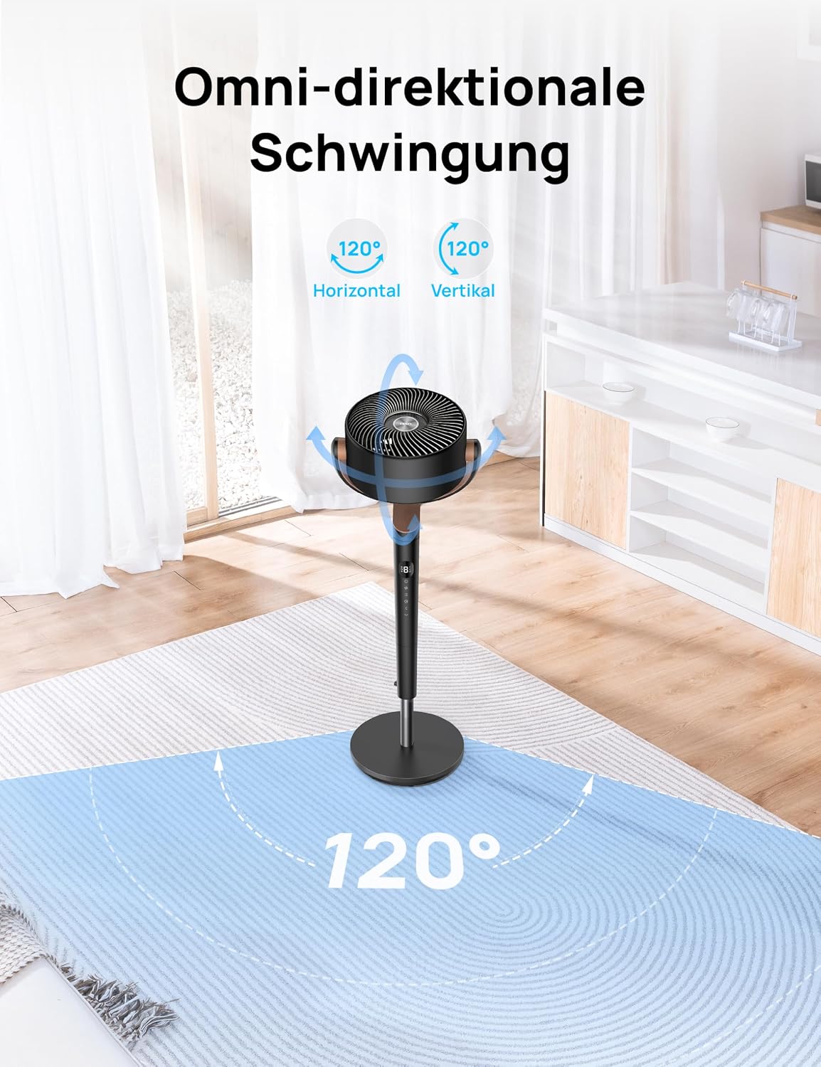 Ventilador de pie silencioso DREO de 23 dB, ventilador oscilante omnidireccional de 120°+120°, alcance de aire de 27 m, circulador de aire turbo real con un volumen de aire de 1615 m³/h, altura de 89-102 cm, 3 modos y 8 velocidades