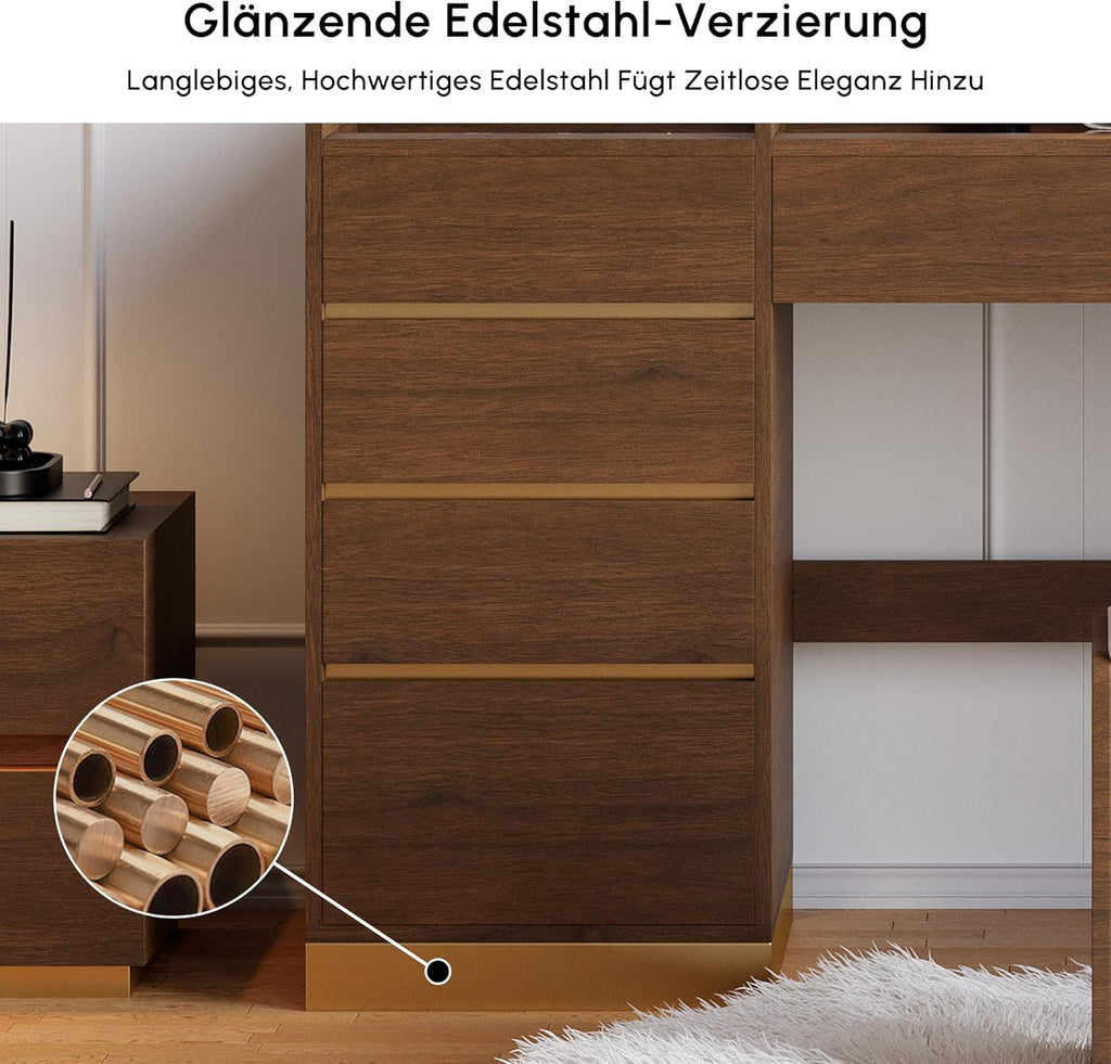 Tocador Homary con espejo, iluminación, estación de carga USB y espacio de almacenamiento, elegante tocador moderno con espejo iluminado de 3 modos y expositor de joyas integrado, nogal