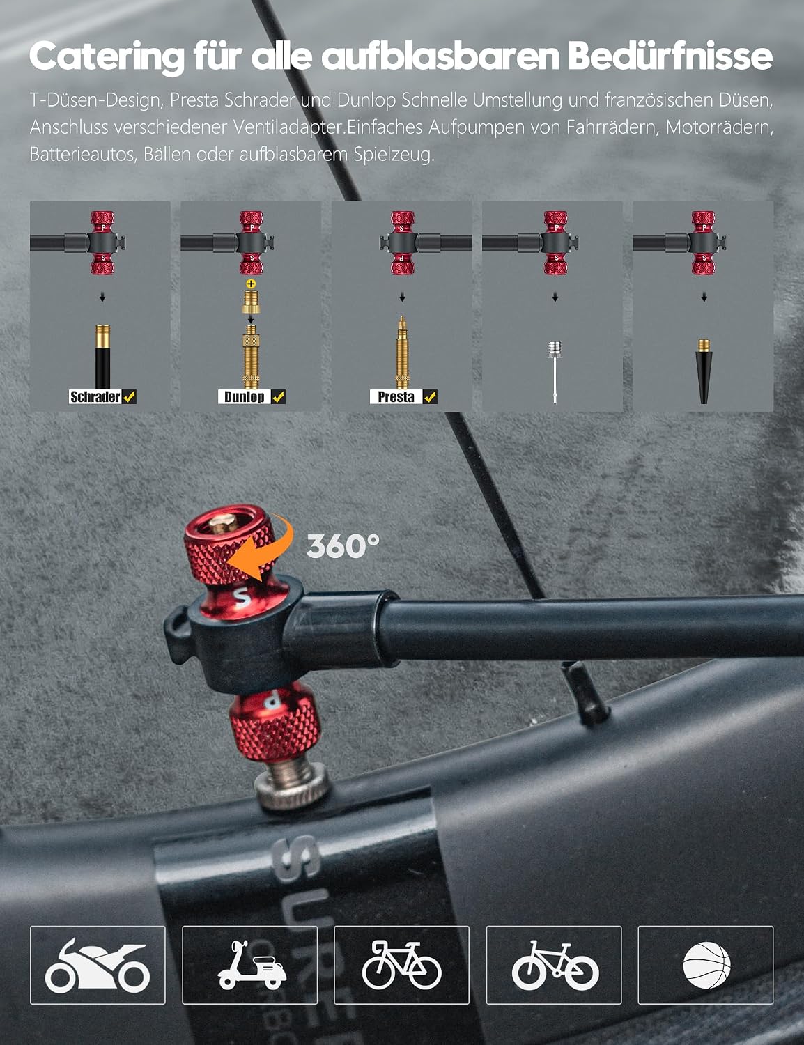 Bomba de pie para bicicleta con manómetro 220 PSI, minibomba de aire de aluminio compatible con válvulas Schrader, Presta y Dunlop, portátil