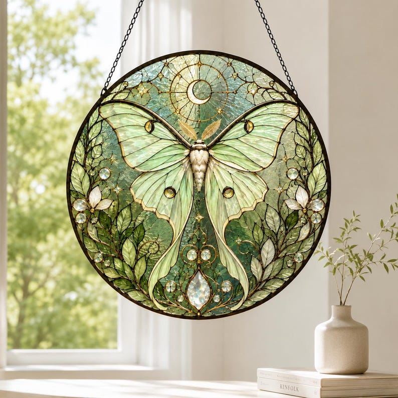 Atrapasueños de cristal para ventana, atrapasueños de mariposa de vidrieras, decoración de pared de flores de cristal verde, 6-11,8 pulgadas