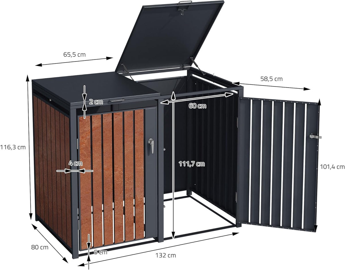 Cubre contenedores ML-Design de 3 unidades para 240L, cerramiento para 3 cubos de basura, caseta resistente a la intemperie, estructura de acero, contenedor con tapa, puerta con cerradura, 200x80x116,3 cm, color antracita efecto óxido