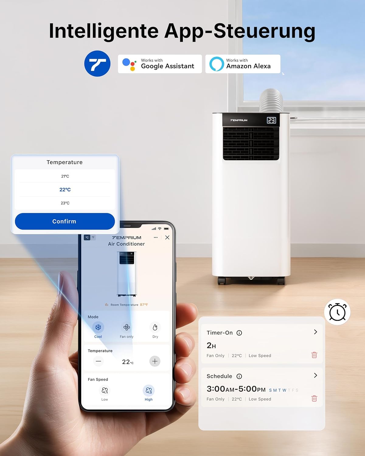 Aire acondicionado portátil 7000 BTU 2,0 kW con manguera de escape | Aire acondicionado portátil 3 en 1 | Sellado de ventana | Control por APP + mando a distancia | Funcionamiento silencioso | Temporizador 24 h | Para habitaciones de hasta 20 m²