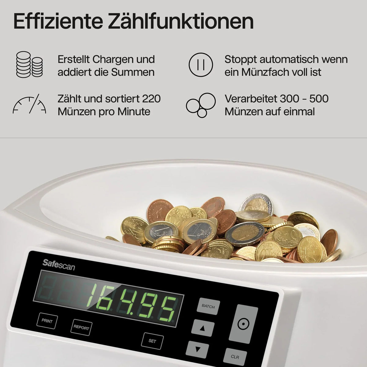 Contador y clasificador de monedas de euro 1250 para contar y clasificar monedas de euro mixtas por denominación con visualización del valor