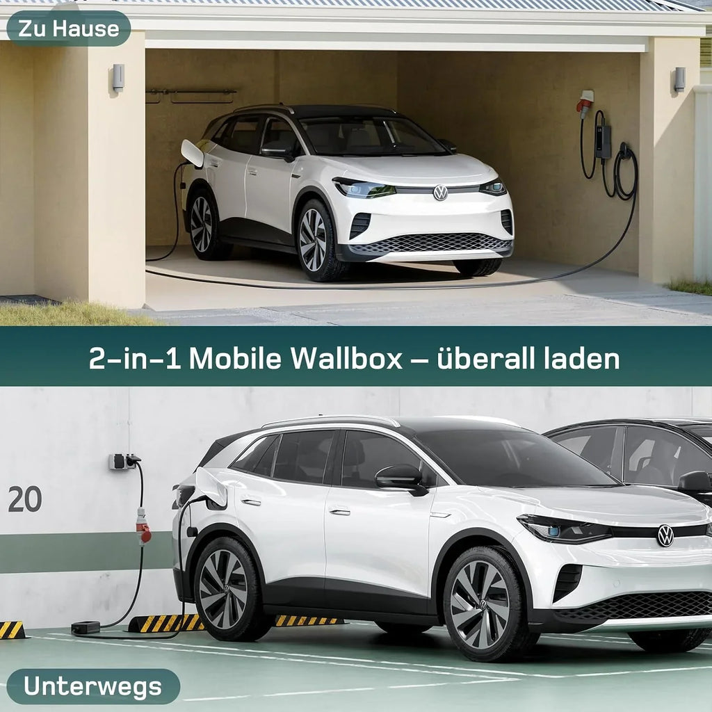 Wallbox móvil 11kW Tipo 2 10m trifásico 6-16A CEE 400V Cargador EV Potencia de carga ajustable Control por app