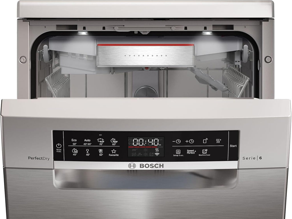 Lavavajillas inteligente Bosch Serie 2 SPV2IKX10E, totalmente integrable, 45 cm de ancho, cesta para cubiertos, secado extra con solo pulsar un botón, InfoLight punto de luz rojo en el suelo, protección AquaStop contra daños por agua, blanco