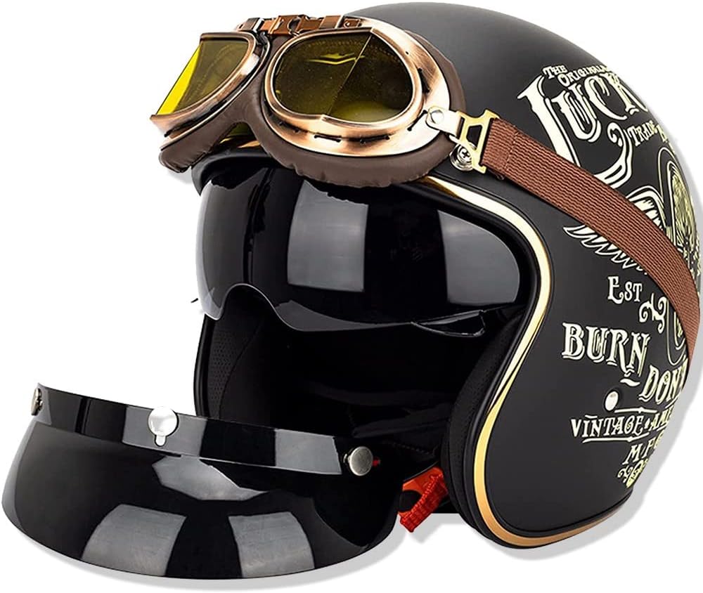 Casco de moto tipo jet vintage con gafas parasol - 3/4 cara abierta con certificación ECE para hombres y mujeres - Retro piloto chopper cruiser biker, M