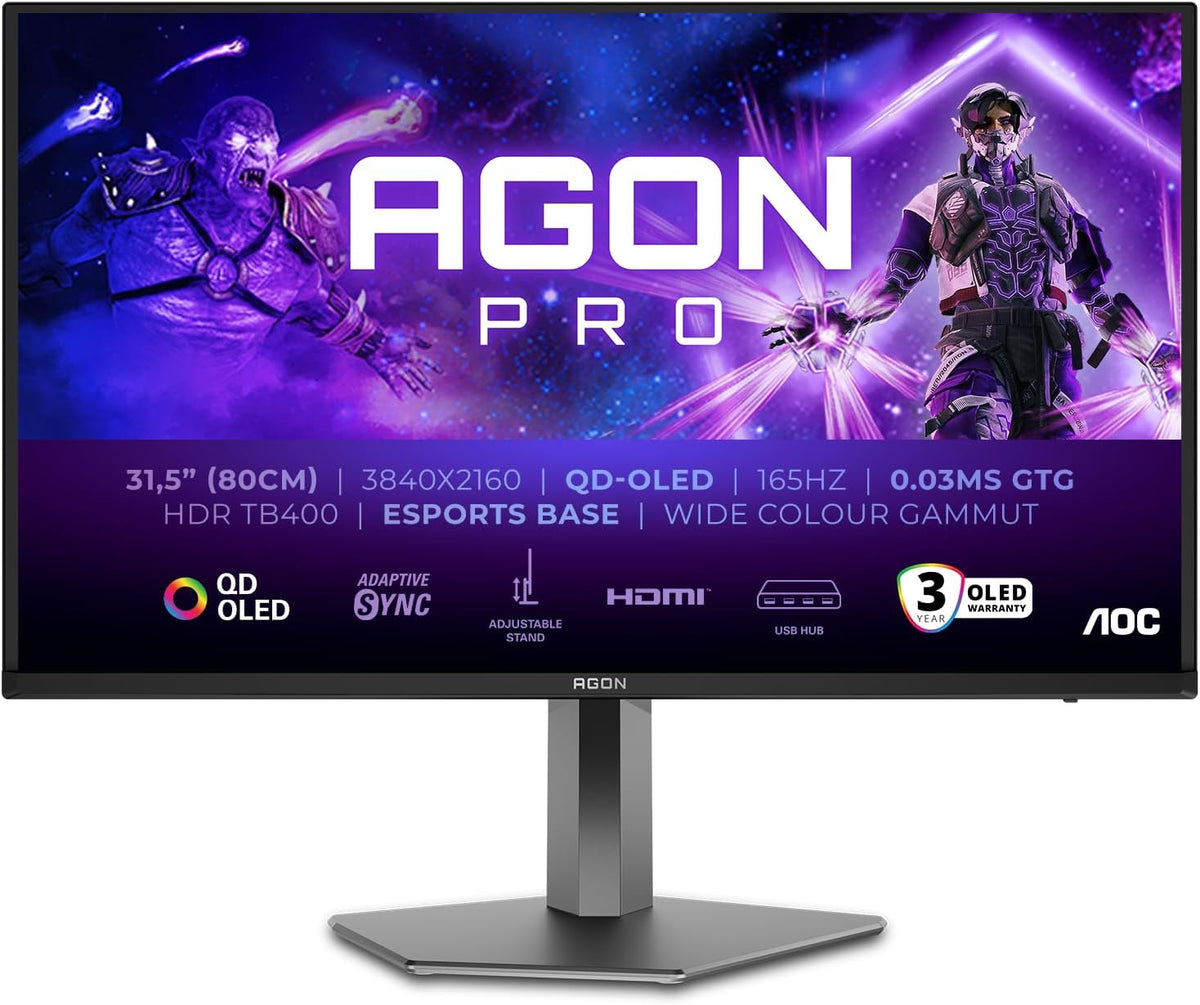 AOC Agon Pro AG326UDAM - Monitor de juegos OLED UHD de 32 pulgadas, 165 Hz, 0,03 ms, HDR400, FreeSync Prem. Pro, compatible con G-Sync. (3840x2160, 2X HDMI 2.1, 1x DP 1.4, concentrador USB) Negro Gris