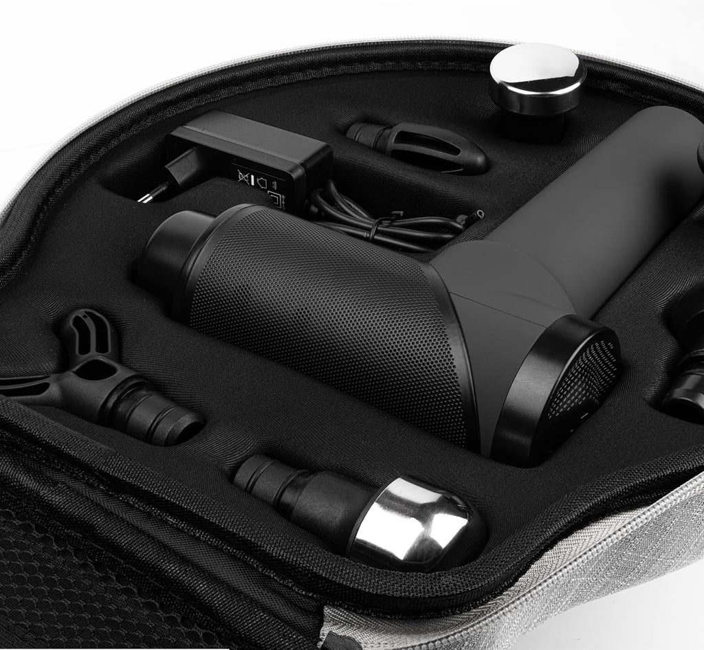 Pistola de masaje OrthoGun 160W con aplicación, 5 intensidades, 7 cabezales de masaje, estuche de transporte, autonomía de batería hasta 360 min