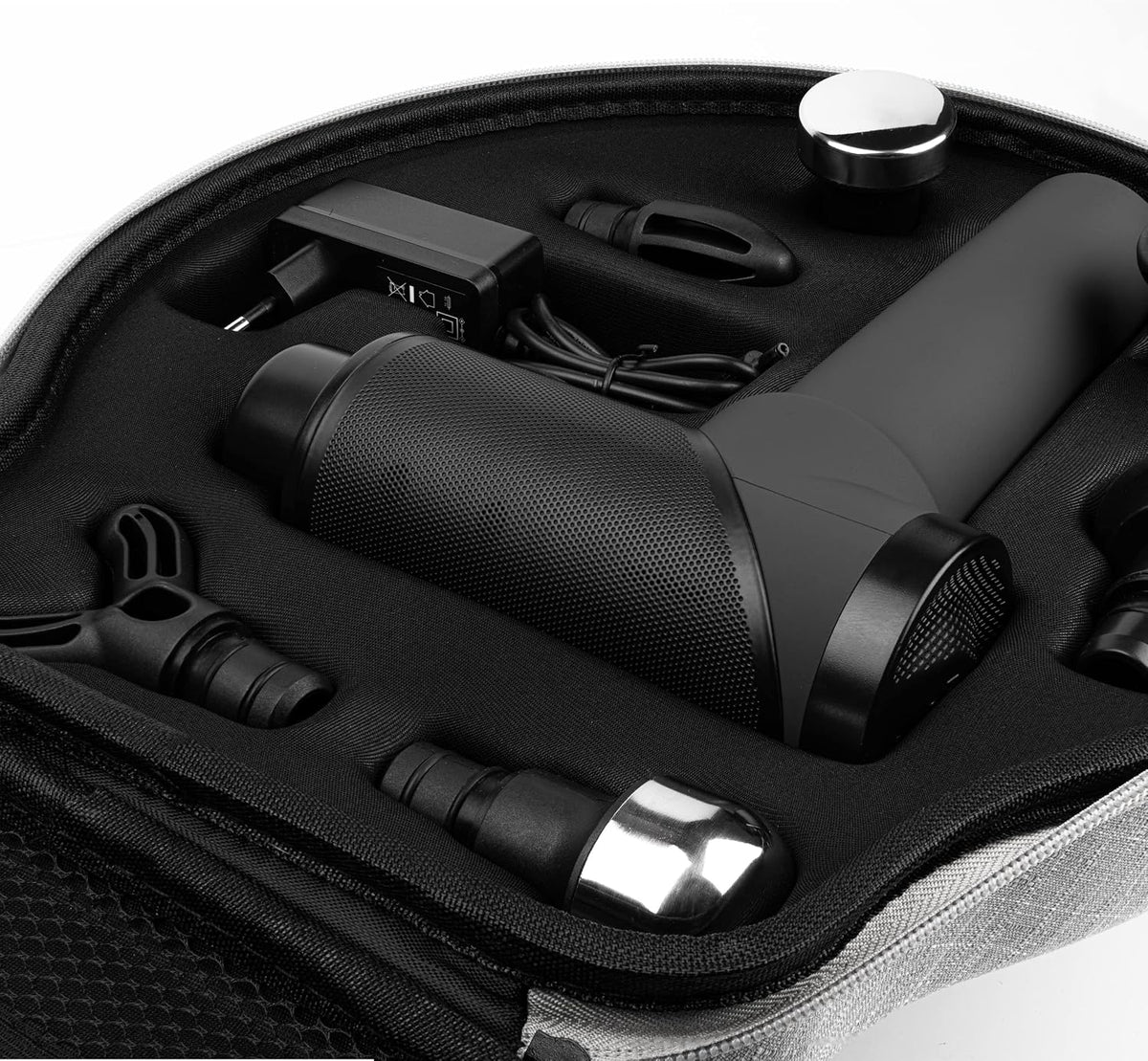 Pistola de masaje OrthoGun 160W con aplicación, 5 intensidades, 7 cabezales de masaje, estuche de transporte, autonomía de batería hasta 360 min