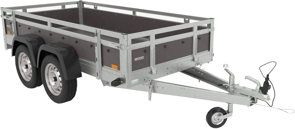 Remolque Tema Wood de doble eje basculante, caja de contrachapado, chasis de acero, 263x125 cm