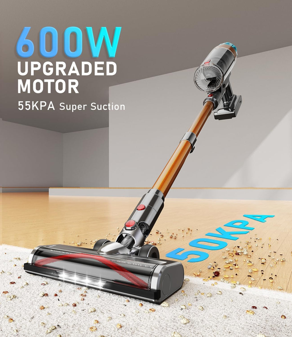 Aspiradora escoba sin cable 55KPA/600W, 55 minutos de autonomía, aspiradora sin cable potente con carga de pared y pantalla inteligente, aspiradora escoba potente para pelo de mascota/alfombras/suelos duros