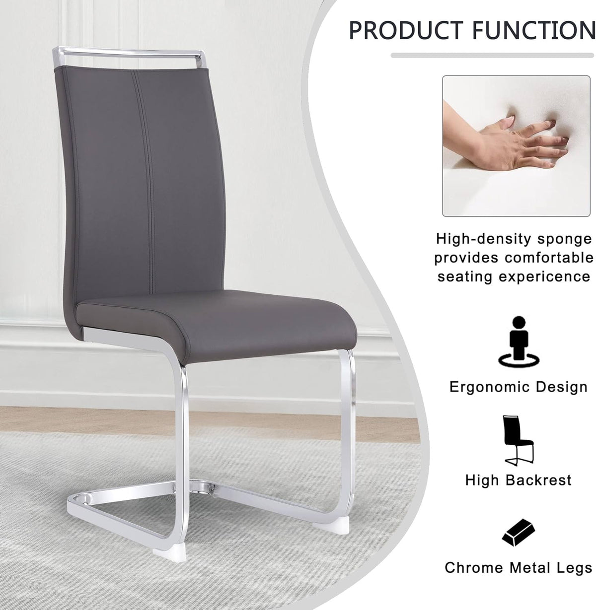 Juego de 4 sillas cantilever Merax, sillas de comedor con piel sintética PU y respaldo alto, estructura de metal cromado, silla de cocina moderna, silla tapizada para sala de estar y sala de conferencias, gris