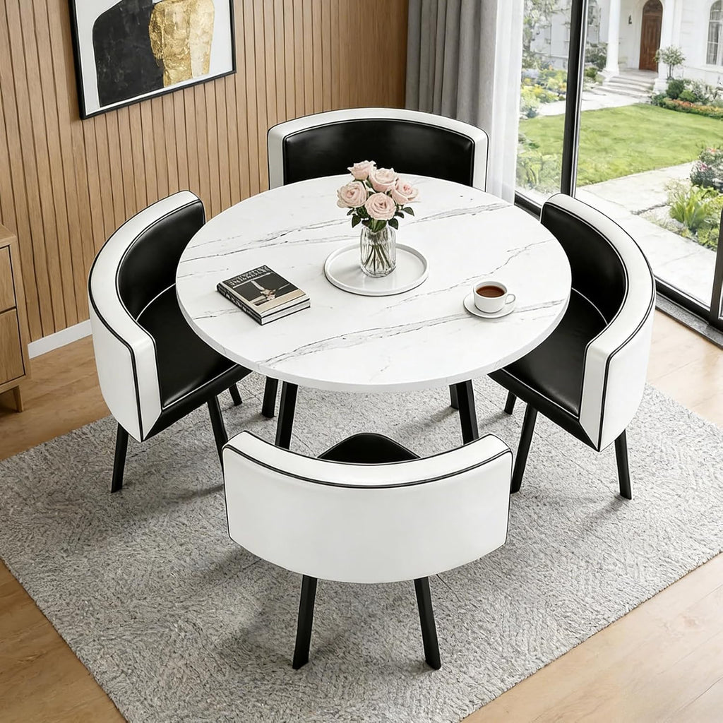 Juego de mesa de comedor y 4 sillas, mesa de comedor redonda de 90 cm y 4 sillas de comedor de piel sintética, ahorro de espacio para cocina, salón, balcón, restaurante, oficina, madera + gris claro, redondo blanco y negro
