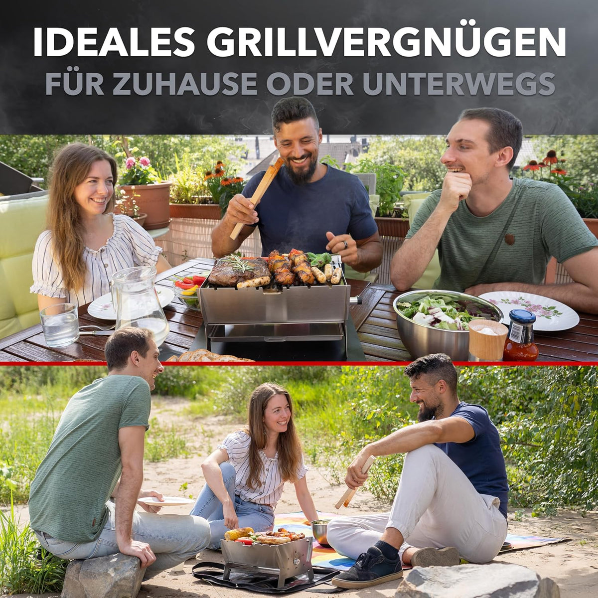 Parrilla | Parrilla de gas enchufable móvil – Parrilla portátil de acero inoxidable con sistema de montaje – Funcionamiento a gas y carbón – Incluye bolsa de transporte – Perfecta para camping, balcón, jardín y exteriores - Parrilla de camping