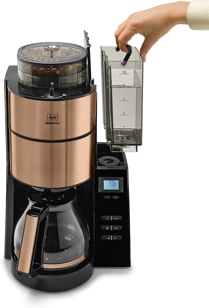 Melitta AromaFresh - Cafetera de filtro - con jarra de cristal - molinillo integrado - función de temporizador - 10 tazas - Negro puro