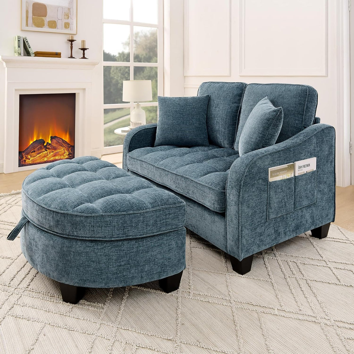Sofá con reposapiés de almacenamiento, sofá cama con respaldo ajustable y cojines, sofá pequeño, para salas de estar pequeñas, salas de estudio, dormitorios, azul