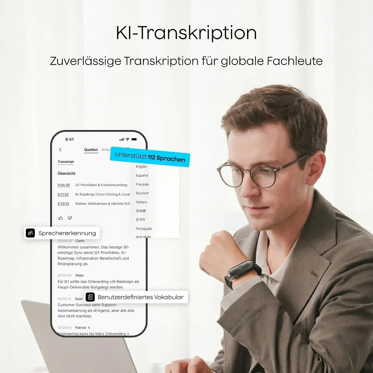 Grabadora de voz con IA NotePin S, grabadora de voz con transcripción y resumen, 64 GB de memoria, dispositivo de grabación con 4 accesorios