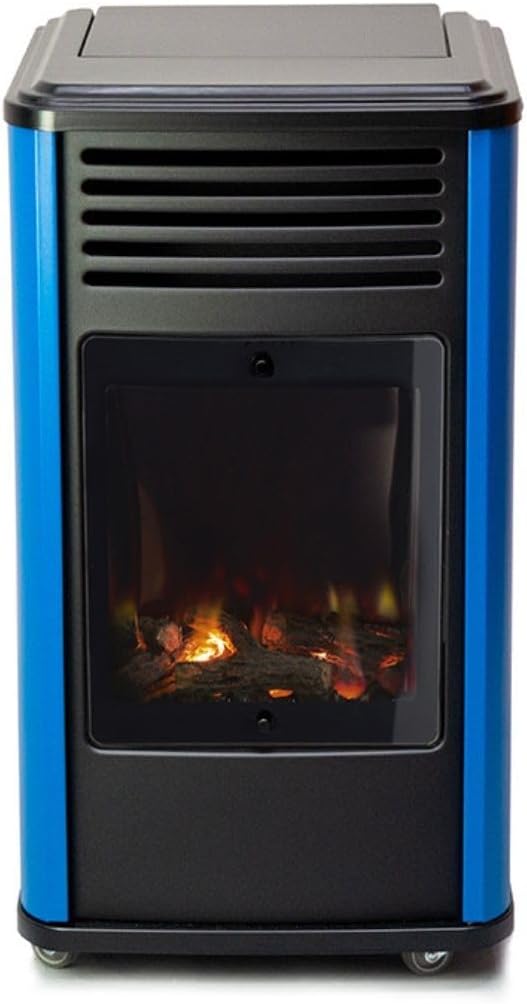 Sahara - Estufa de gas 3,4KW Azul y Negro con efecto estufa de leña Manhattan Calefactor auxiliar + Manguera de gas + Regulador de butano