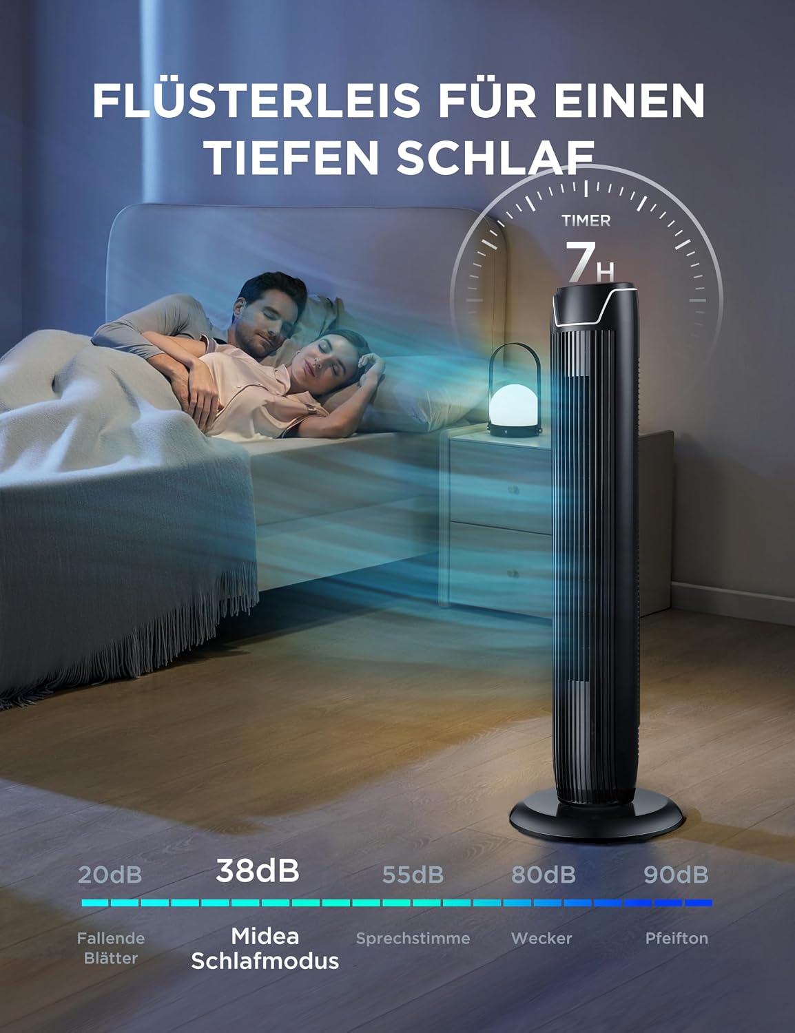 Ventilador de torre Midea FZ10-17JR silencioso con mando a distancia 92 cm, ventilador móvil, ventilador de columna, temporizador de 7 horas, 3 modos, 3 velocidades, ventilador de pie 45 W, negro
