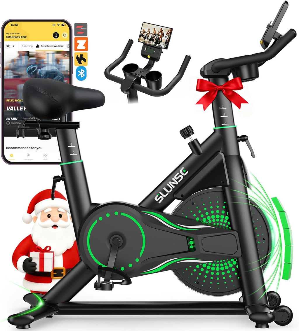 Bicicleta estática para casa, bicicleta de fitness interior silenciosa con resistencia ajustable, bicicleta estática con aplicación, soporte para mancuernas, pantalla LCD, asiento cómodo, capacidad de 180 kg