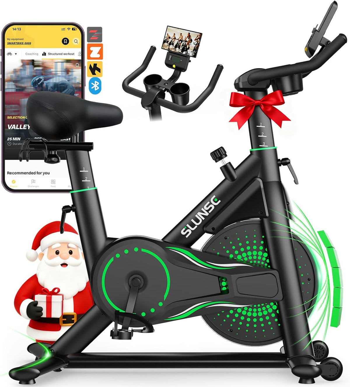 Bicicleta estática para casa, bicicleta de fitness interior silenciosa con resistencia ajustable, bicicleta estática con aplicación, soporte para mancuernas, pantalla LCD, asiento cómodo, capacidad de 180 kg