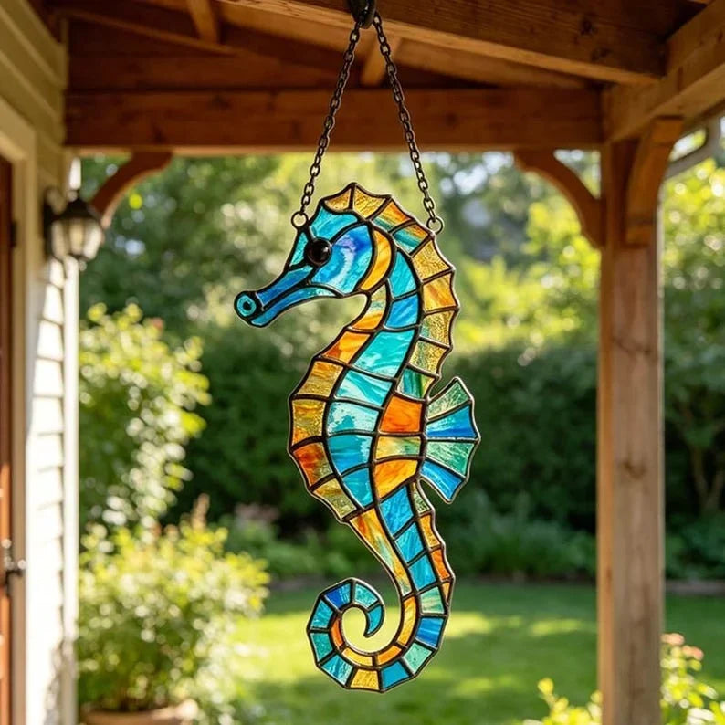 Atrapasueños de vitral de caballito de mar, colgante de ventana de océano, decoración de pared de vidrio costero, decoración de casa de playa, 4-12 pulgadas
