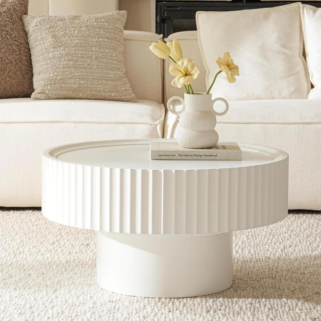 Mesa de centro redonda de madera, mesa de salón redonda con diseño acanalado, mesa de café en forma de seta de φ70×38 cm, mesa de centro redonda blanca de madera de pino para salón, habitación y balcón