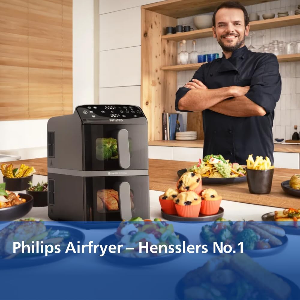 Airfryer Serie 4000 de doble cesta apilada, 10L, tecnología RapidAir, 45% menos espacio, revestimiento cerámico libre de PFAS, ventana de visualización (NA460/00)