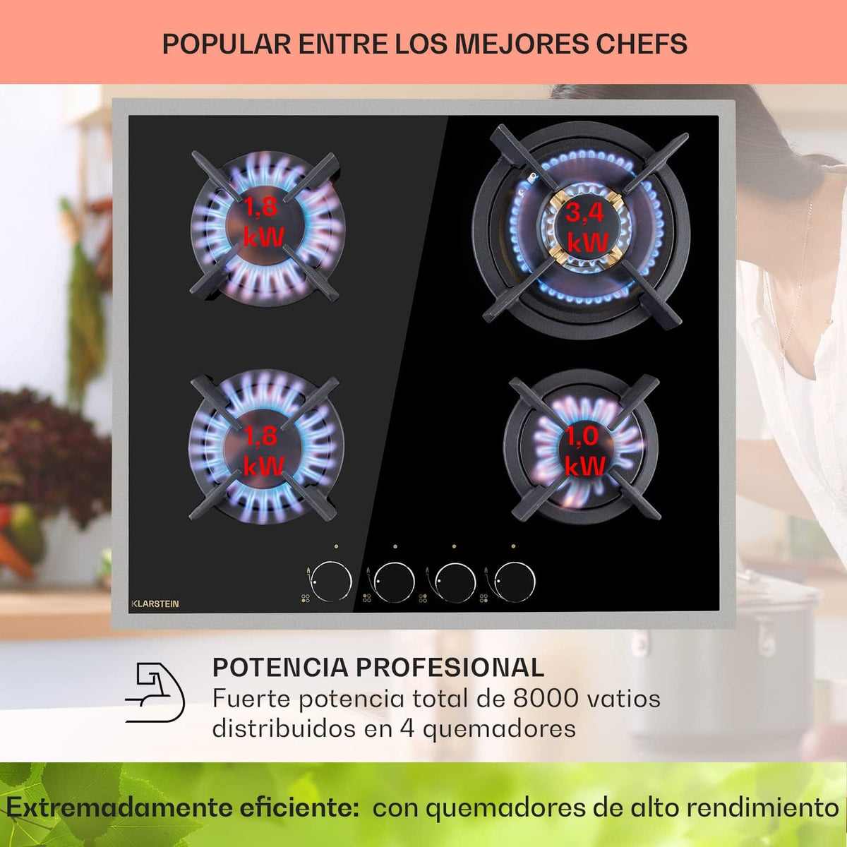 Klarstein Cocina de Gas Butano, Placa de Gas 4 Fuegos 8000W, Placa de Gas Integrada para Cocina, Placa de Gas Butano de Diseño, Encimera de Gas con Base de Vidrio y Acero Inoxidable