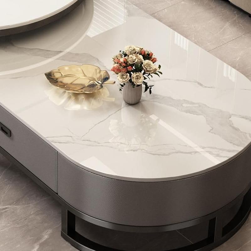 Mesa de centro ovalada de piedra, juego de 2, mesa de salón con cajón, mesa auxiliar de cristal, negro/gris – Gris, (99,9 cm L x 49,9 cm An x 40,6 cm Al) + (69,9 cm L x 69,9 cm An x 45,7 cm Al)
