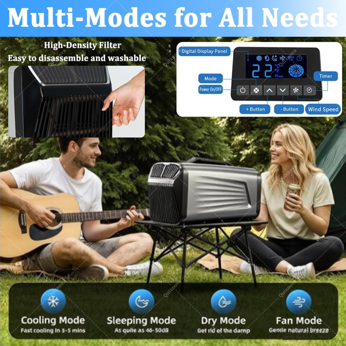 Aire acondicionado portátil para tiendas de campaña con 5200 BTU para camping, interiores y exteriores, aire acondicionado silencioso para camiones, caravanas y mascotas: enfría hasta 8–10 m² (86–107 pies cuadrados) B-24V