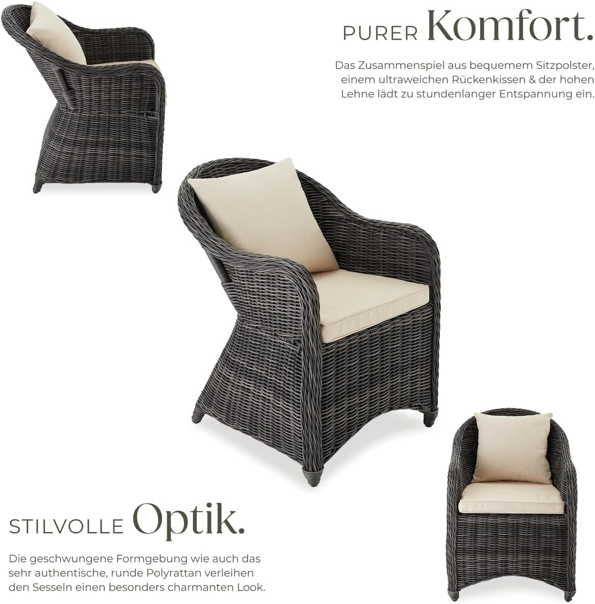 tectake® Set de 2 sillas de jardín de polirratán y aluminio, mobiliario de jardín con 2 sillones, resistente a la intemperie, sillón de jardín de ratán con cojines suaves, funda extraíble y lavable, estable y protector de suelos - gris