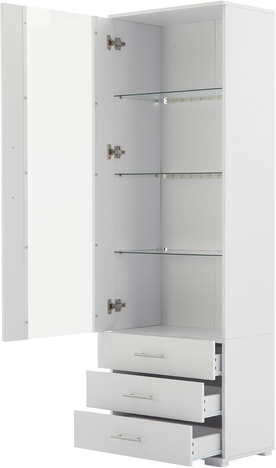 Vitrina de cristal Merax con iluminación LED, mueble vitrina blanco de alto brillo con puertas y 3 cajones, armario alto de 180 cm, estantería para libros, mueble de cocina, mueble multiusos para salón, dormitorio y oficina