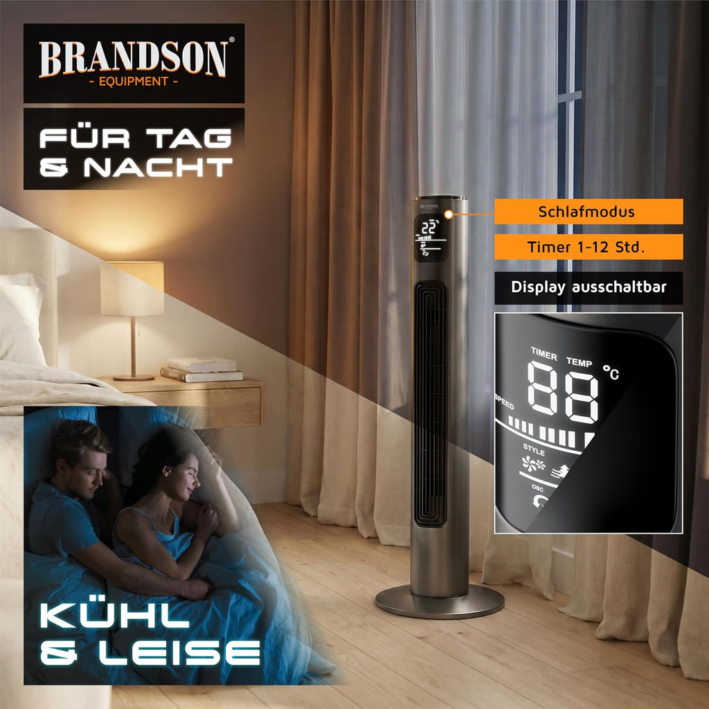 Brandson - Ventilador de torre con mando a distancia - Galardonado 2026 - Oscilación 60° - Ventilador de pie - ventilador portátil - ventilador de columna - 96 cm - Ventilador 3 niveles de velocidad - GS - Grafito
