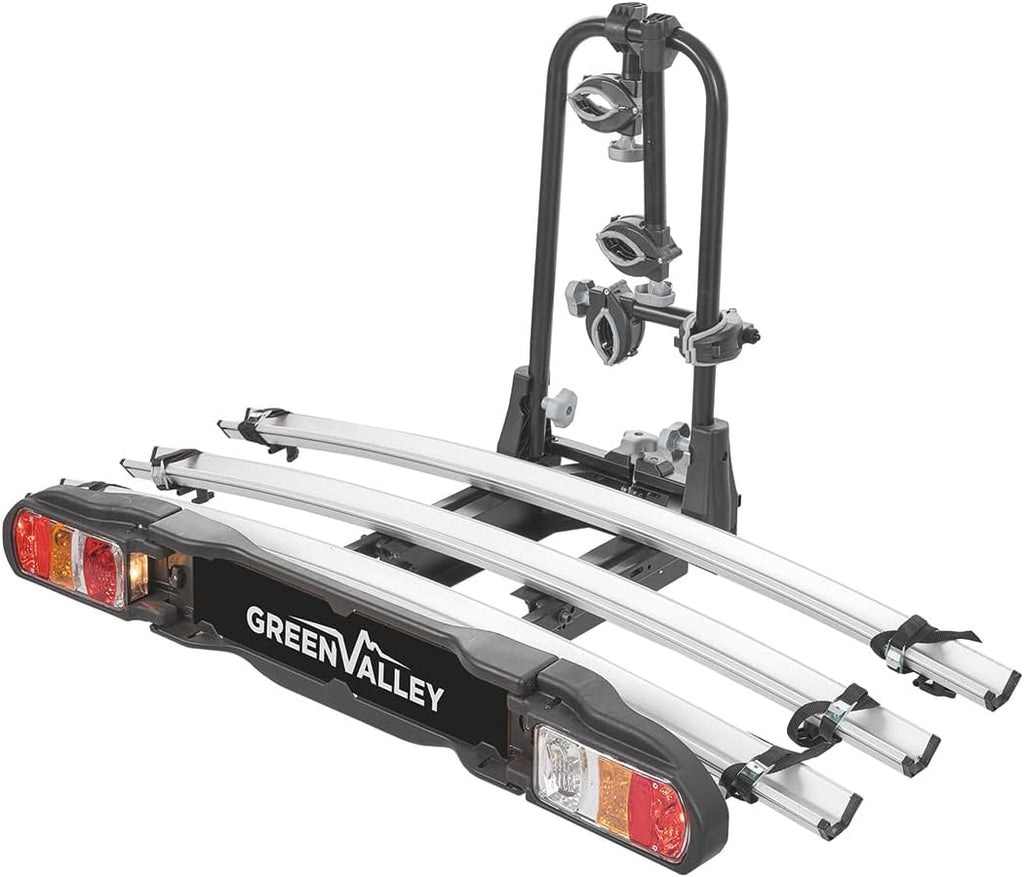 Green Valley 160668 Portabicicletas de plataforma para bola de remolque, inclinable – 3 bicicletas clásicas (máx. 2 eléctricas VAE) – Plegable, inclinable y seguro – 60 kg