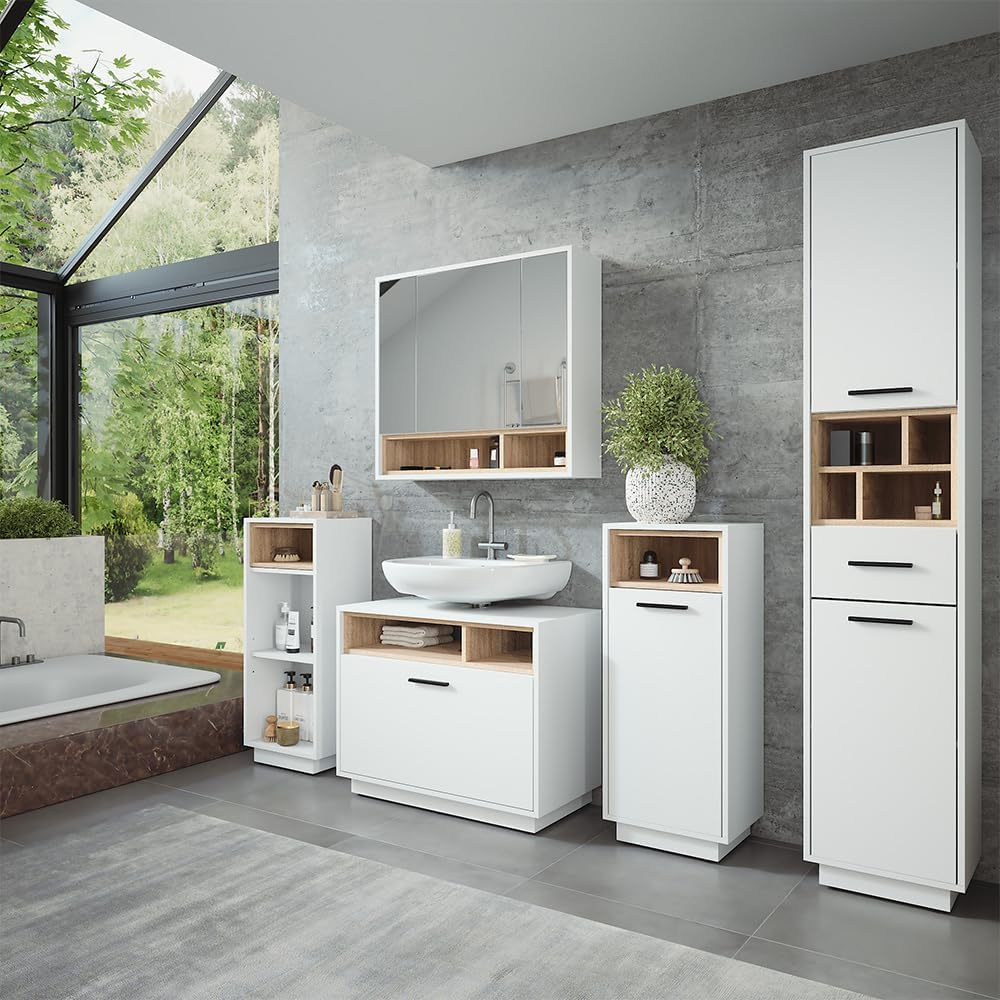 Conjunto de muebles de baño Vicco Beatrice, blanco/sonoma, 80 cm, compuesto por mueble bajo lavabo, armario con espejo y armario columna