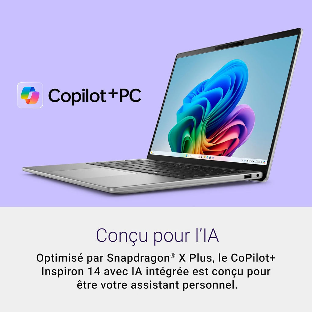 Dell Inspiron 14 (5441) Copilot+ PC portátil, pantalla de 14" FHD+ 60 Hz, Snapdragon X Plus, 16 GB de RAM, 512 GB SSD, Qualcomm Adreno, Windows 11 Home, teclado retroiluminado AZERTY - Gris Titanio