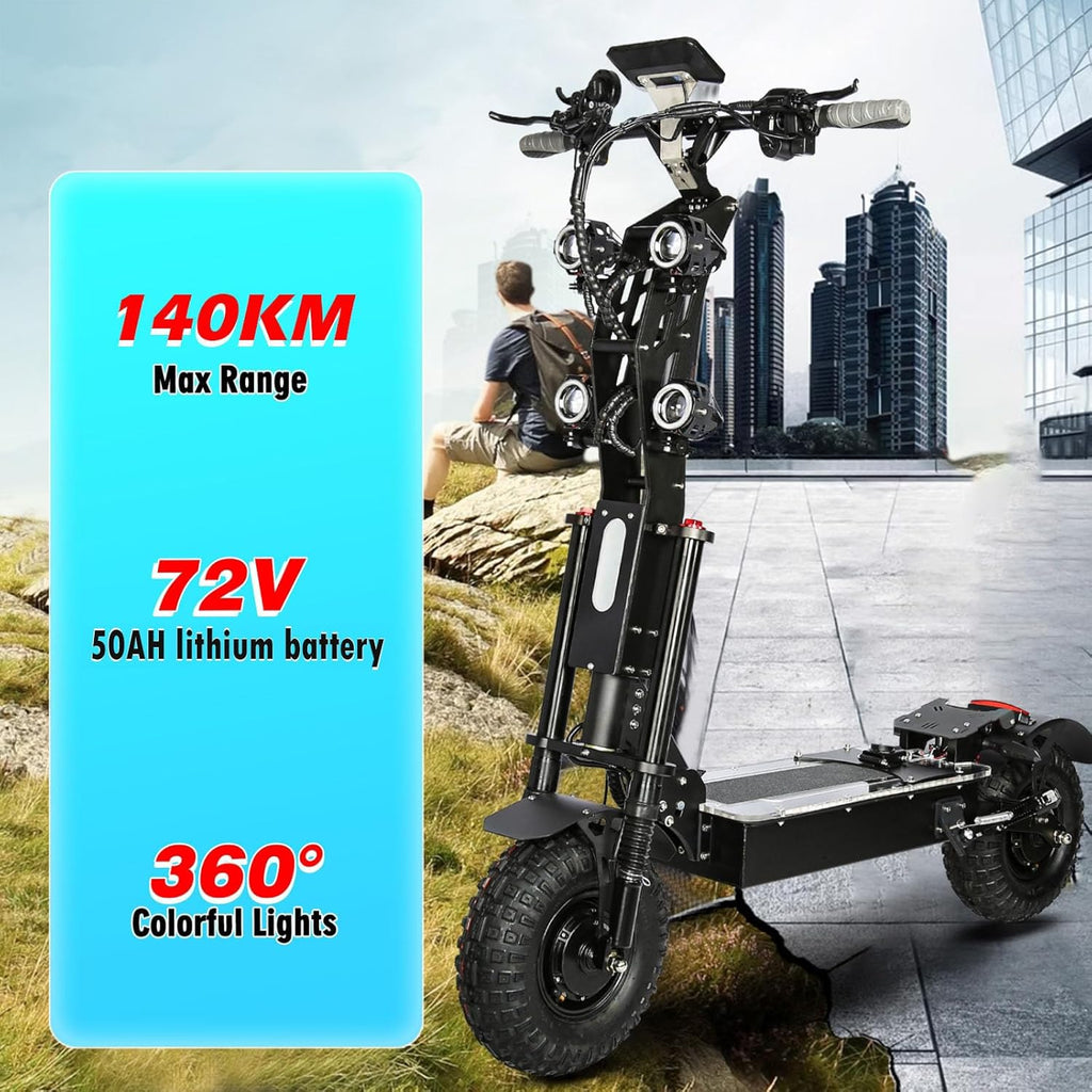 HWWH Patinete eléctrico potente plegable, scooter eléctrico todoterreno para adultos, 13 pulgadas, 3 velocidades, doble tracción, batería de litio de 72 V/50 Ah, autonomía máxima de 120 km