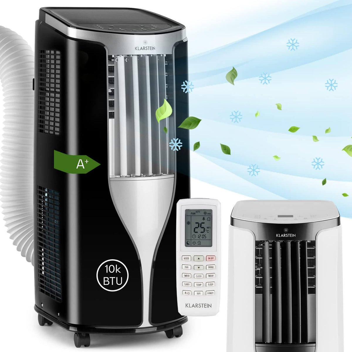 Aire acondicionado portátil Klarstein con manguera de escape, unidad 3 en 1 con ventilador y deshumidificador, aire acondicionado pequeño y portátil para hogar y oficina, aire acondicionado de 10 000 BTU de bajo consumo