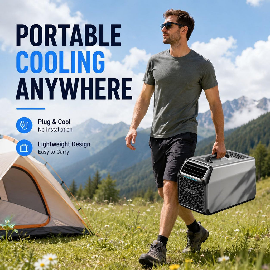 Aire acondicionado portátil, aire acondicionado de camping portátil de 3500 BTU con compresor real – Aire acondicionado de CC para caravana, tienda de campaña, furgoneta y cabina de camión – con deshumidificación, modo de reposo y control remoto, gris