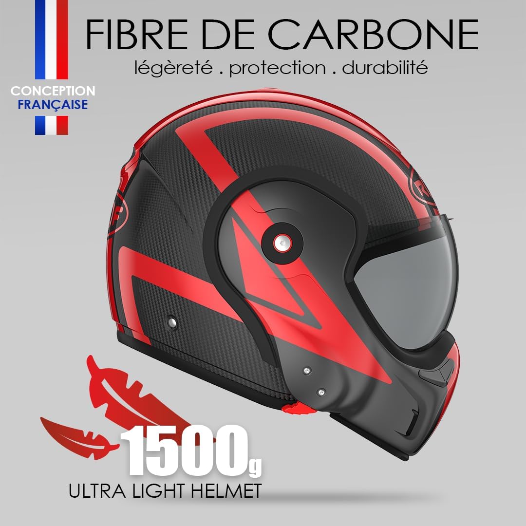 Casco ROOF Boxxer Carbon con doble homologación Jet/Integral - Color Dart Rojo - Casco de gama alta en fibra de carbono - Ultraligero - Apertura con una sola mano - Oferta directa de fábrica - Garantía de 4 años