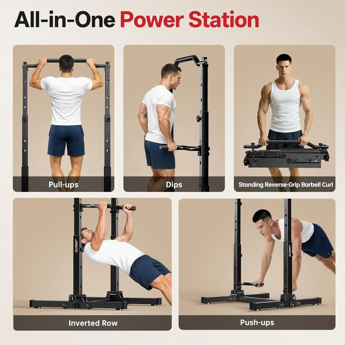 Estación de dominadas y fondos plegable y ajustable en altura, torre de fuerza 5 en 1 para gimnasio en casa, Power Tower con capacidad de carga de hasta 172 kg